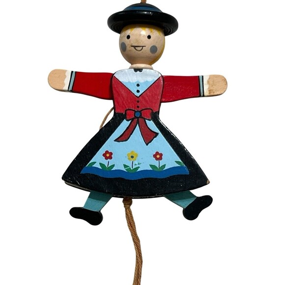 VTG Wooden Christmas Pull String Ornaments Articulated European Boy Girl Set - Picture 3 of 5